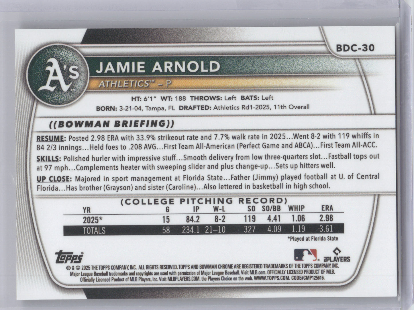 2025 Bowman Draft Chrome Jamie Arnold #BDC-30 Gold Geometric Refractor 21/50