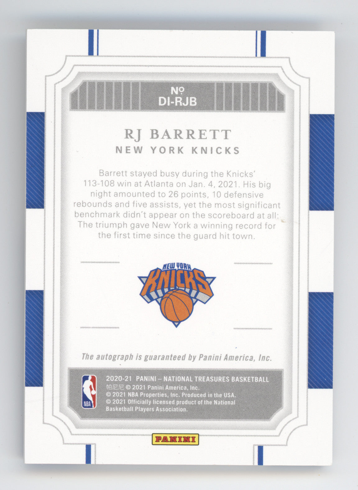 2020 Panini National Treasures Definitive Ink RJ Barrett #DI-RJB Gold 08/10