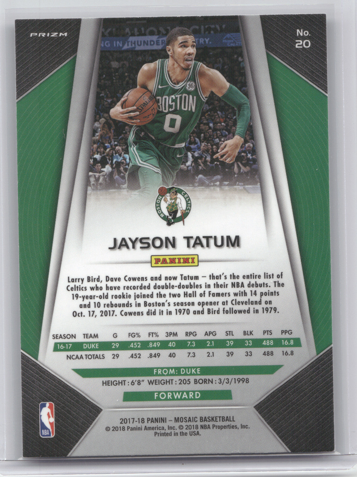 2017 Panini Prizm Mosaic Jayson Tatum #20 Blue RC
