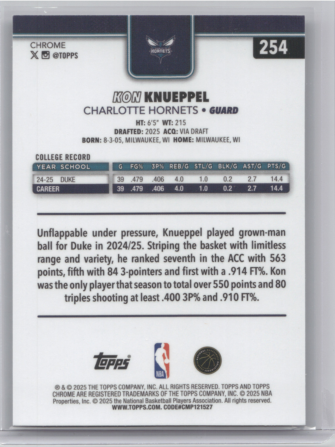 2025 Topps Chrome Kon Knueppel #254 X-Fractor RC