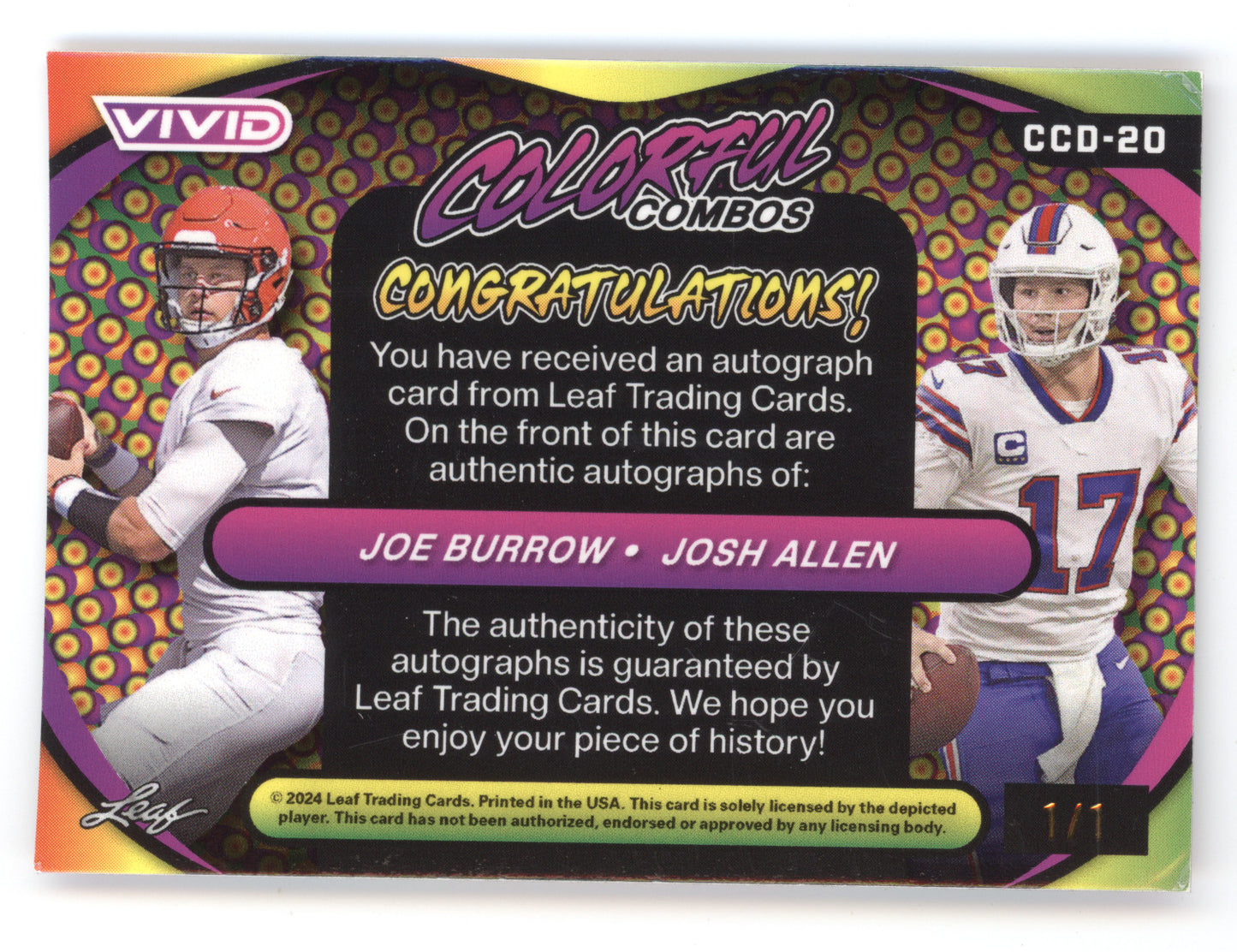 2024 Leaf Vivid Colorful Combos Joe Burrow Josh Allen #CCD20 Dual Autographs 1/1