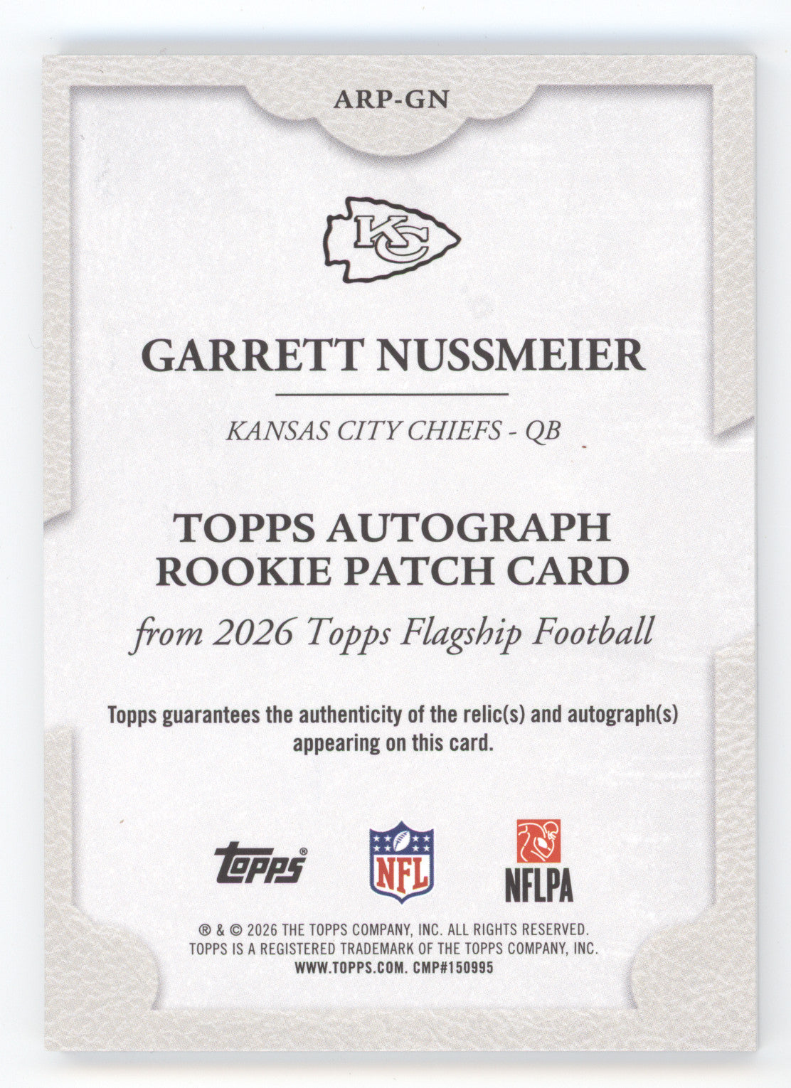 2026 Topps Autograph Rookie Patch Garrett Nussmeier #ARP-GN 29/99 RC
