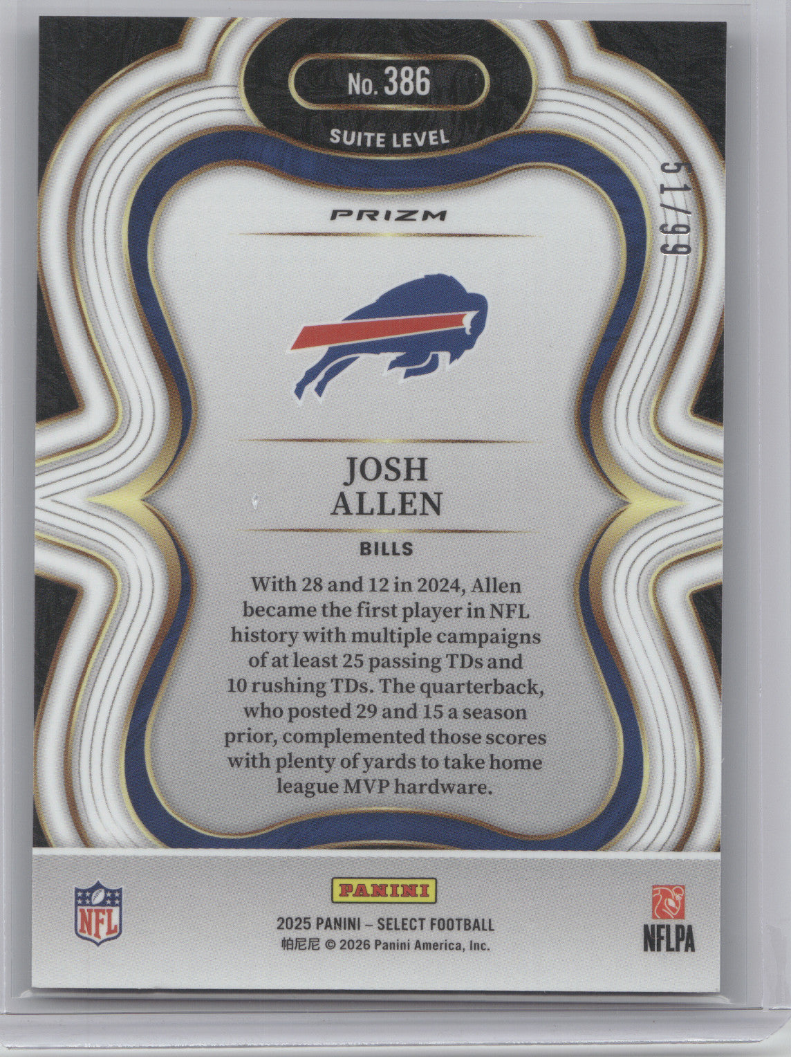 2025 Panini Select Football Josh Allen #386 Blue Prizm 51/99
