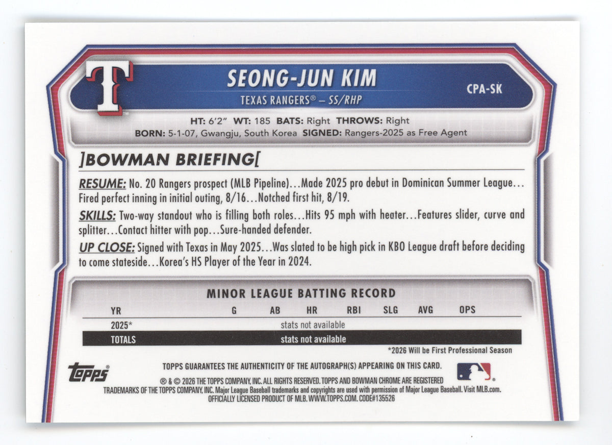 2026 Bowman Chrome Prospect Autograph Seong-Jun Kim #CPASK Green Reptilian 06/99