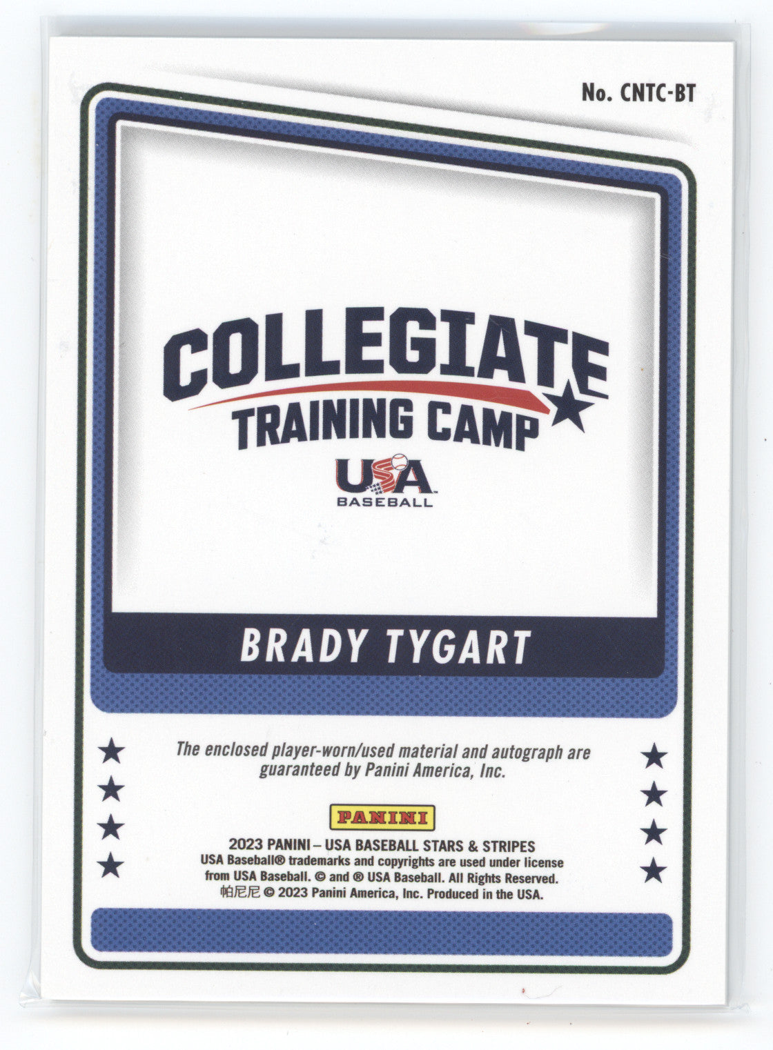 2023 Panini USA Baseball Stars & Stripes Brady Tygart #CNTC-BT Auto 09/25 Patch