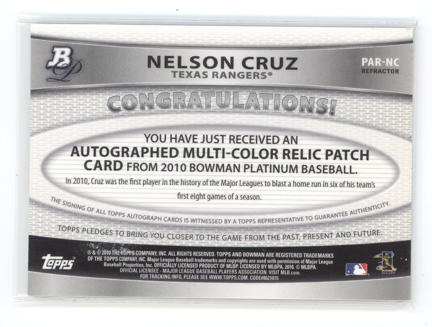 2010 Bowman Platinum Autograph Relic Patch Nelson Cruz #PAR-NC 095/199