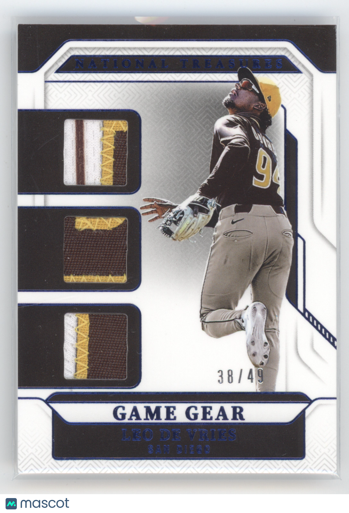 2025 Panini National Treasures Game Gear Leo DeVries #LD Blue Triple Patch 38/49