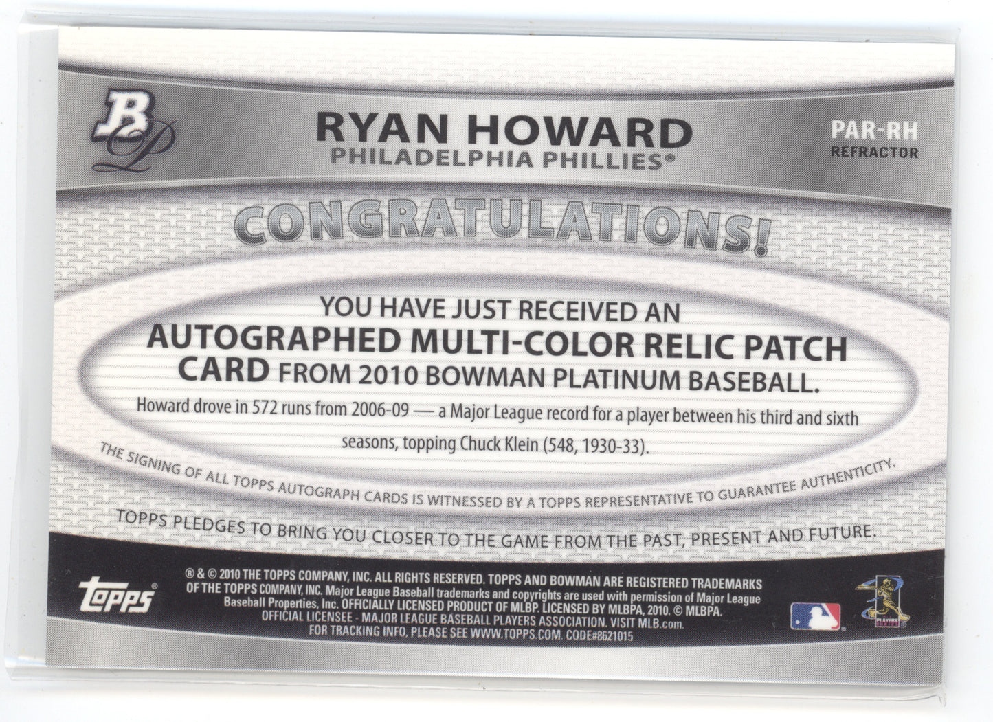 2010 Bowman Platinum Autograph Relic Patch Ryan Howard #PAR-RH Refractor 148/199