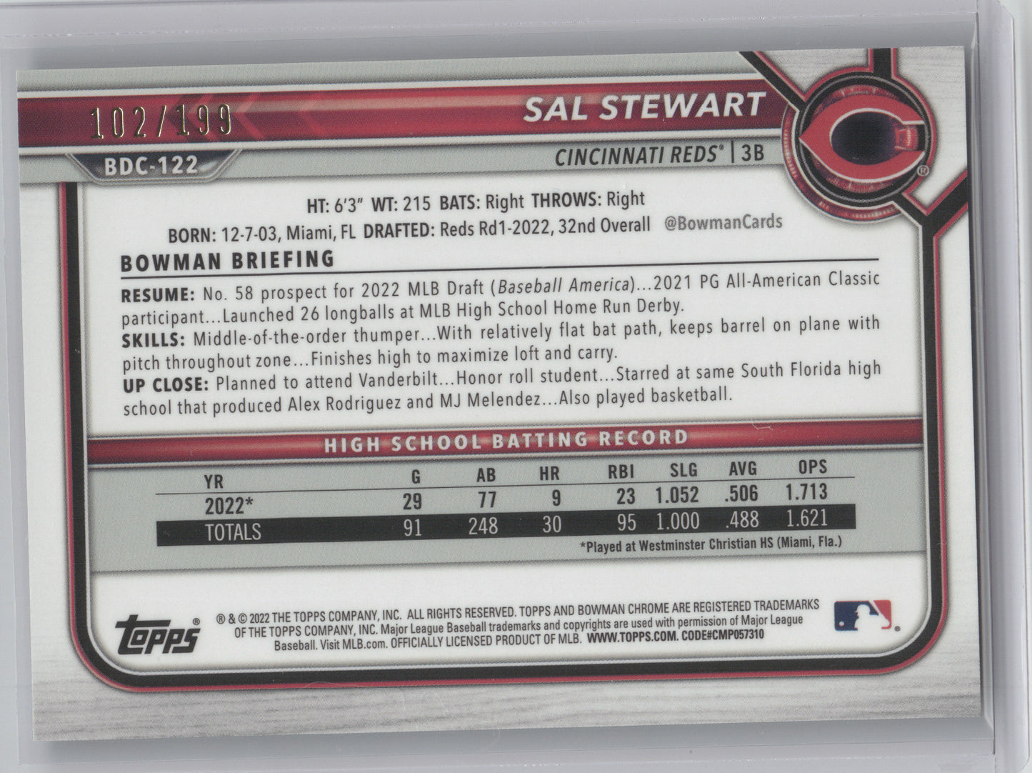 2022 Bowman Draft Chrome Sal Stewart #BDC-122 Aqua Lava Refractor 102/199