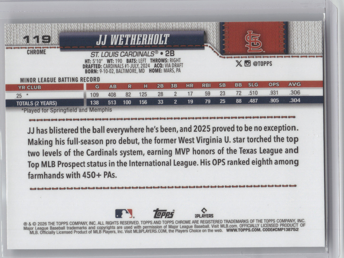 2026 Topps Chrome JJ Wetherholt #119 Image Variation RC