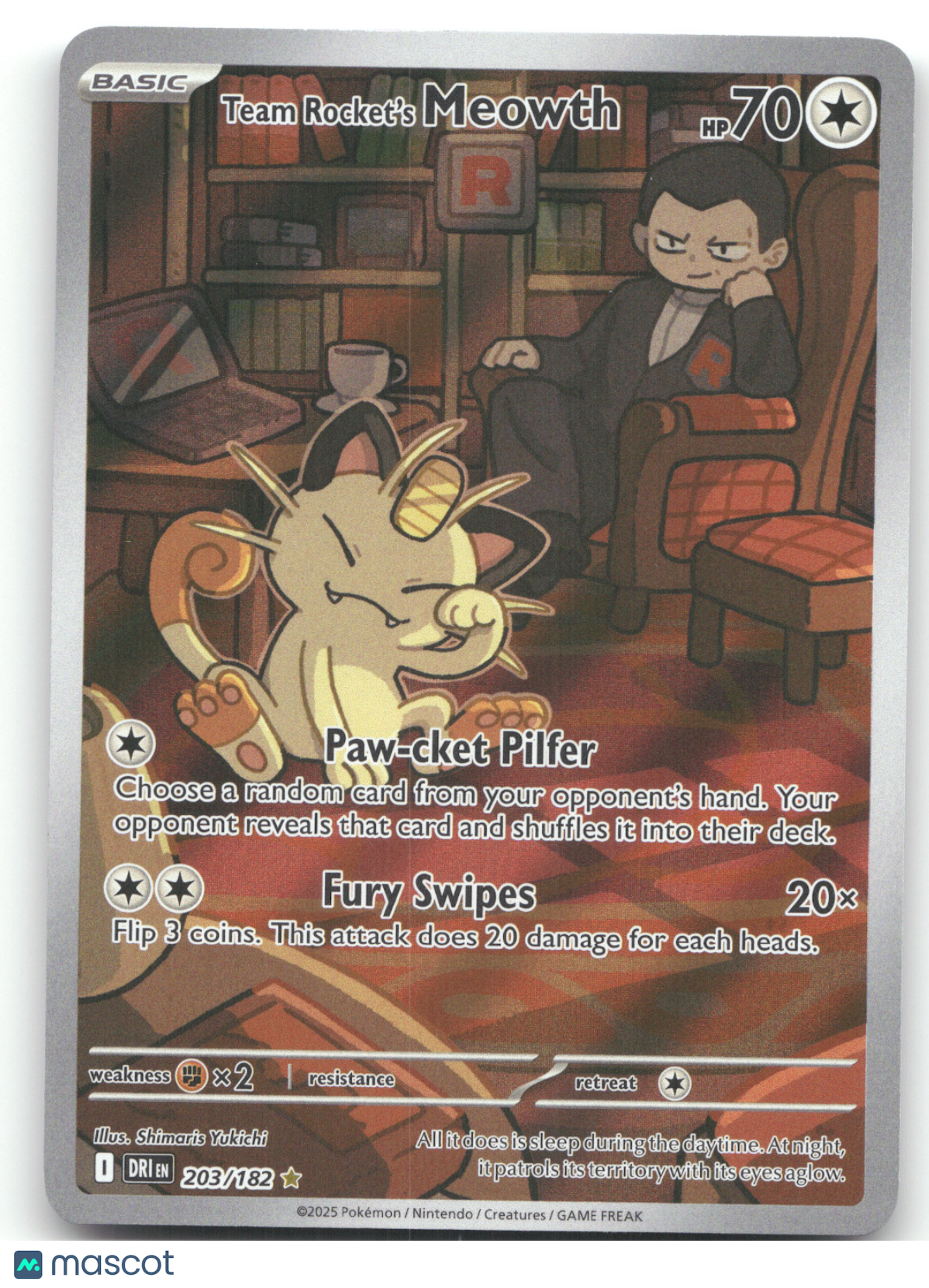 2025 Destined Rivals Team Rocket's Meowth Secret Rare #203/182