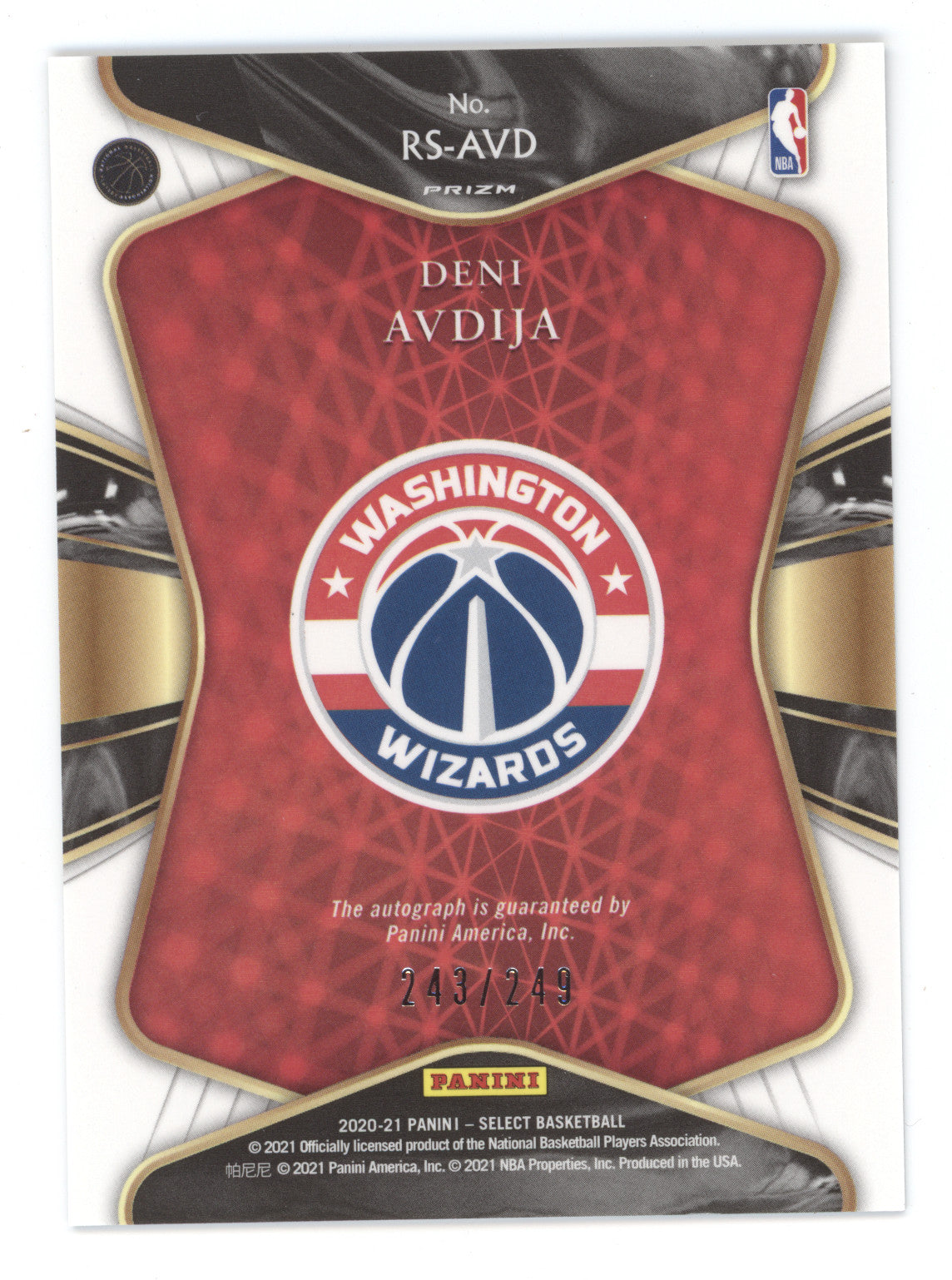 2020 Panini Select Rookie Signatures Deni Avdija #RS-AVD Silver 243/249 RC