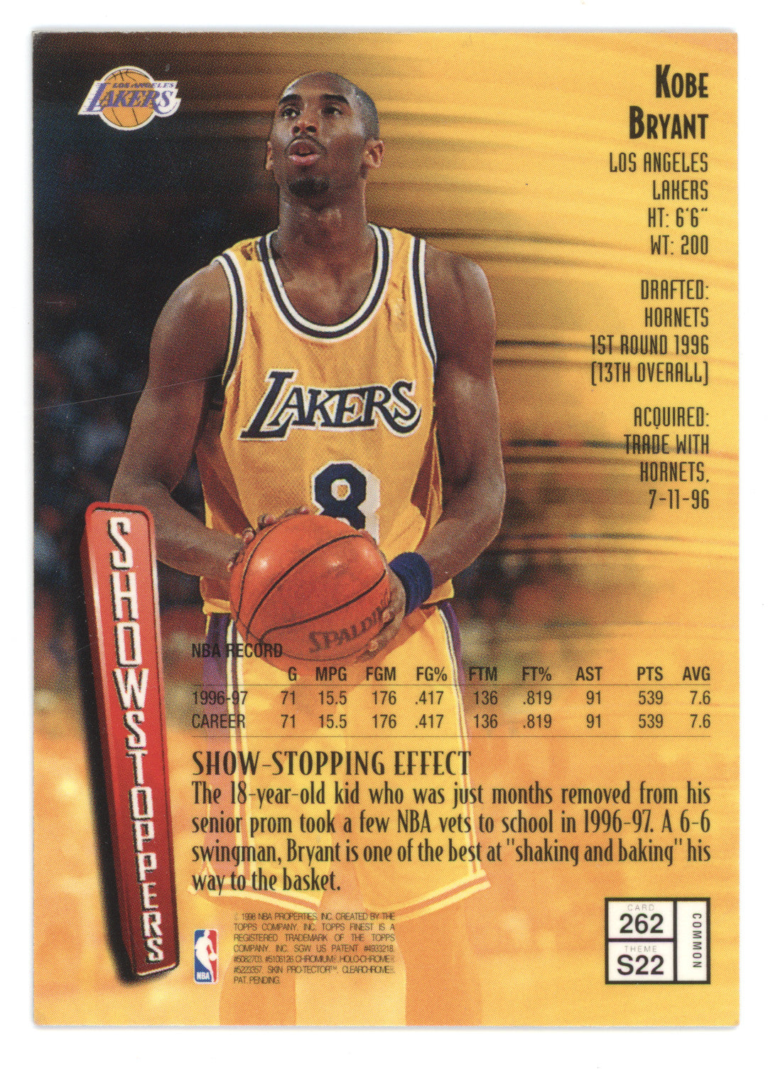 1997 Topps Finest Showstoppers Kobe Bryant #262 w/Coating