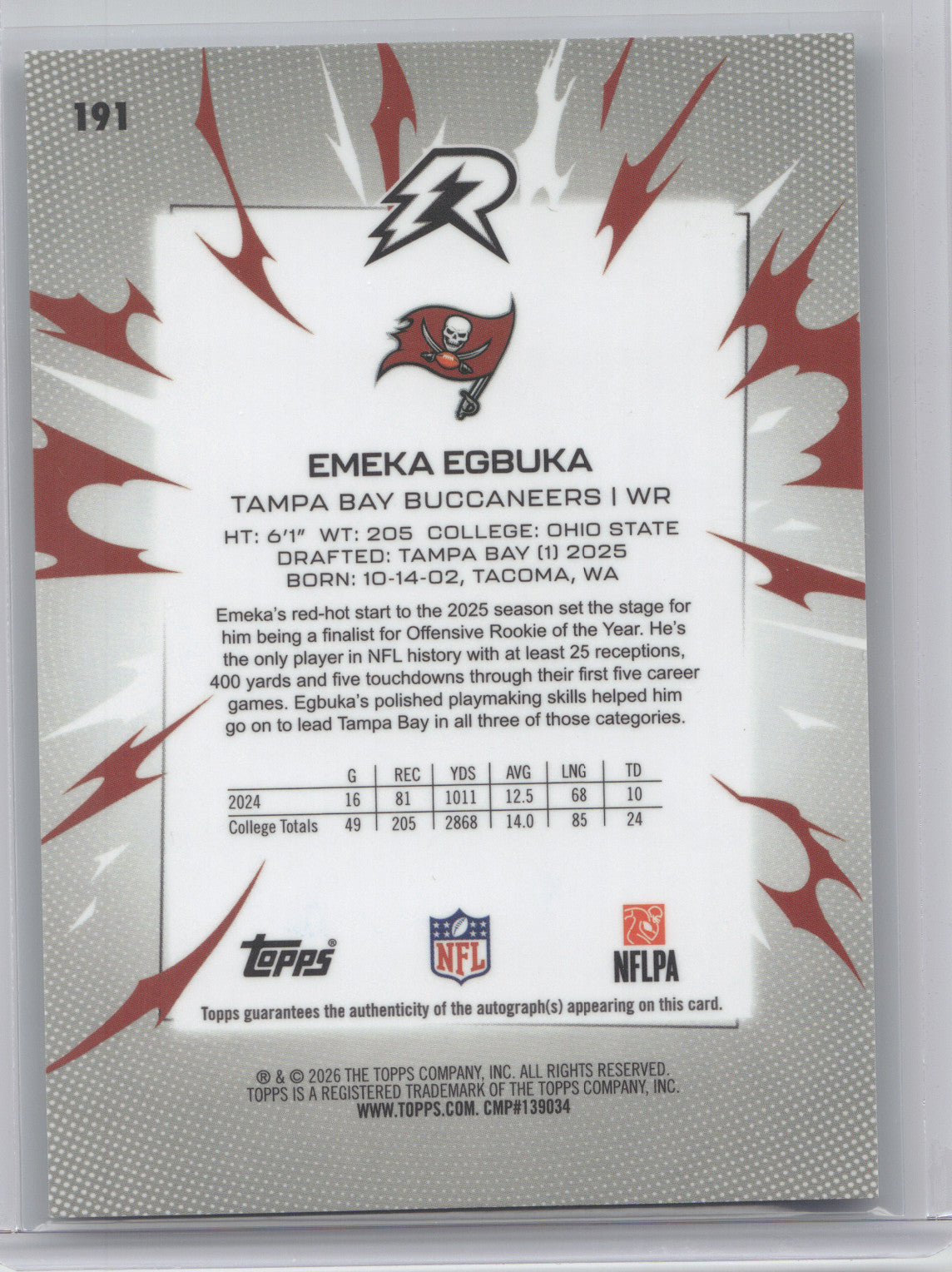 2025 Topps Resurgence Emeka Egbuka #191 Aqua Surge Signature RC 026/250