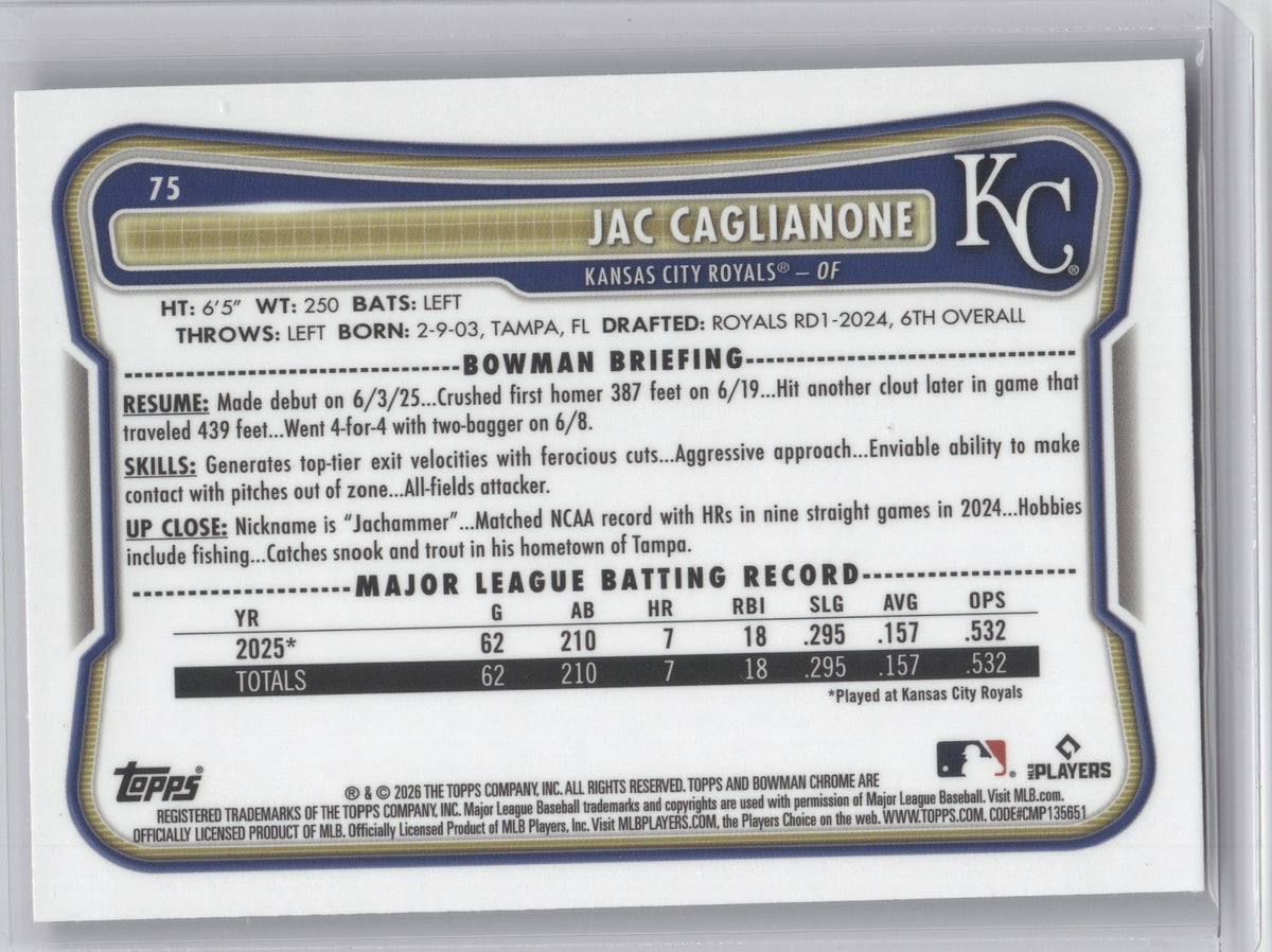 2026 Bowman Chrome Jac Caglianone #75 Fuschia RC 285/299