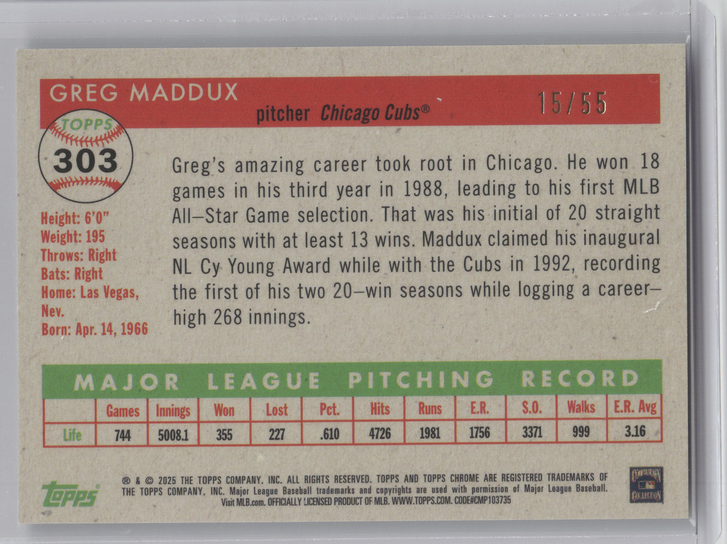 2025 Topps Chrome Platinum Greg Maddux #303 Diamond Etch Refractor 15/55