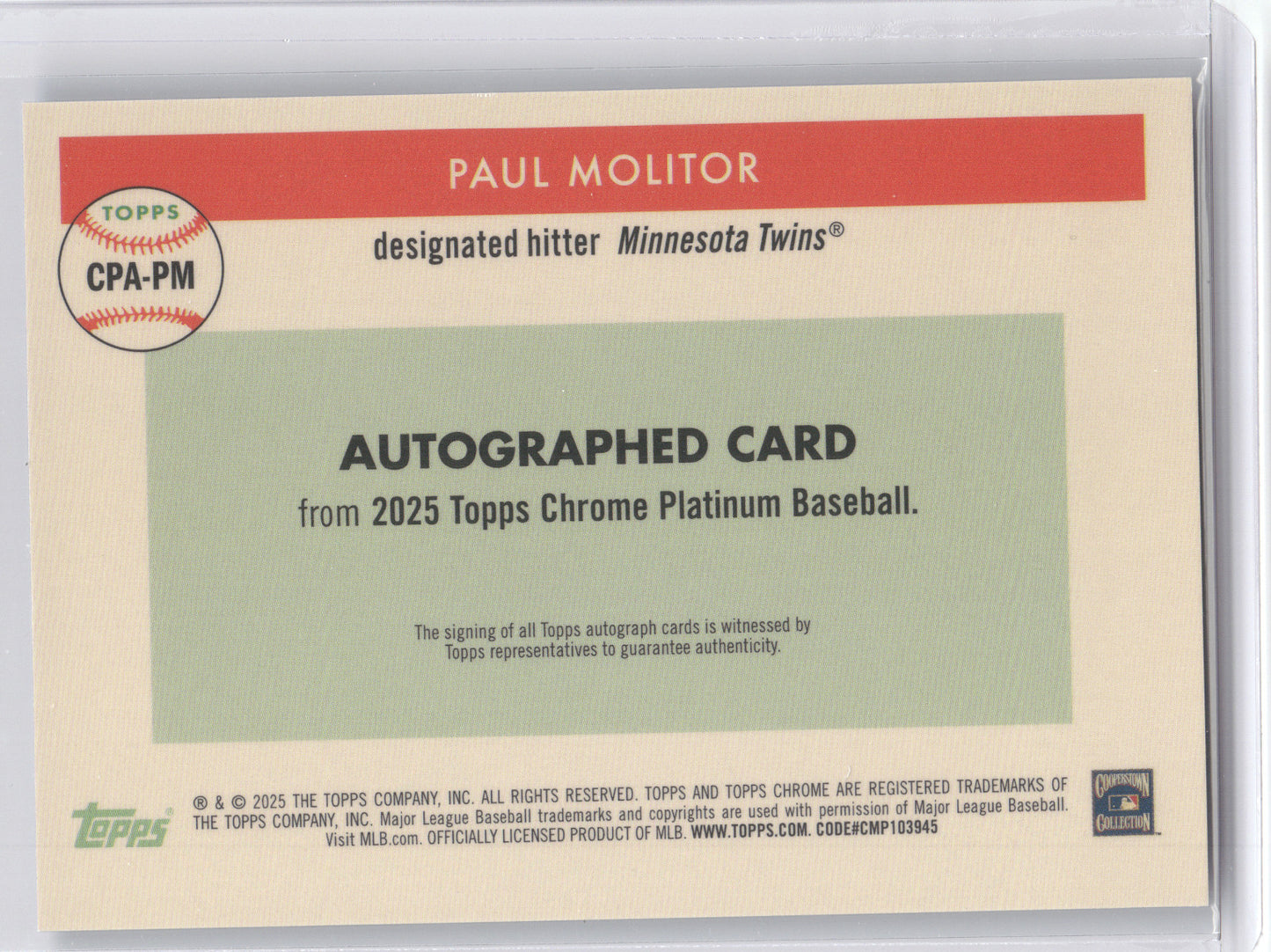 2025 Topps Chrome Platinum Autograph Paul Molitor #CPA-PM Blue 75/99