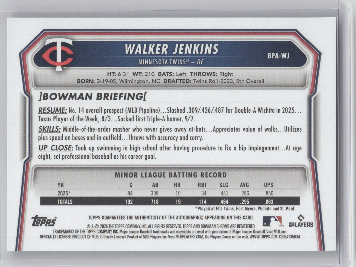 2026 Bowman Prospect Autograph Walker Jenkins #BPA-WJ