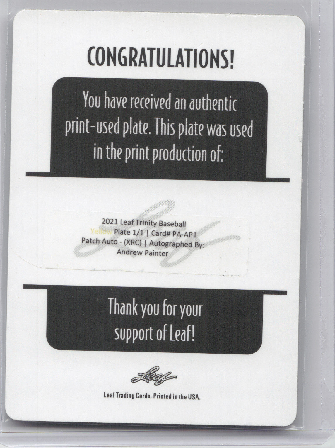 2021 Leaf Trinity Autograph Andrew Painter #PA-AP1 Yellow Printing Plate 1/1
