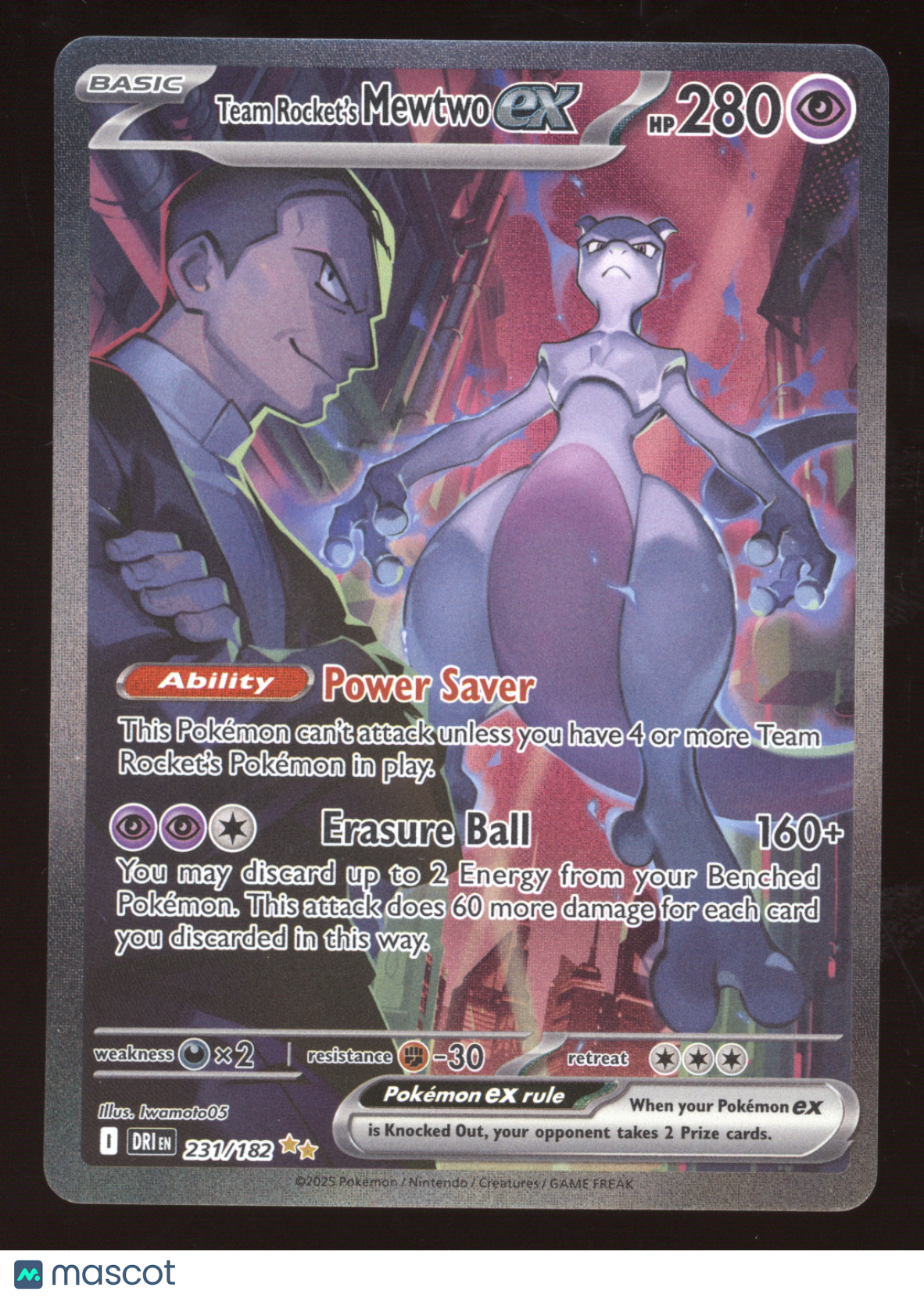 2025 Destined Rivals Team Rocket's Mewtwo ex Secret Rare #231/182
