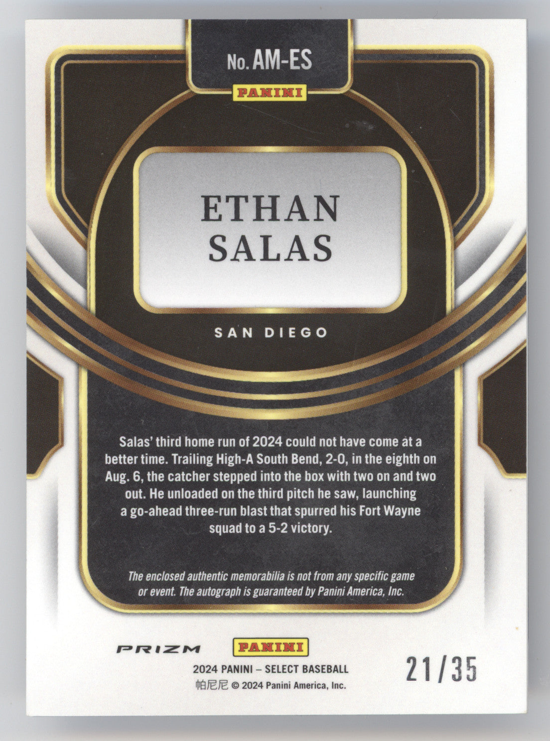 2024 Panini Select Auto Ethan Salas #AM-ES Blue Prizm 21/35 Patch Memorabilia