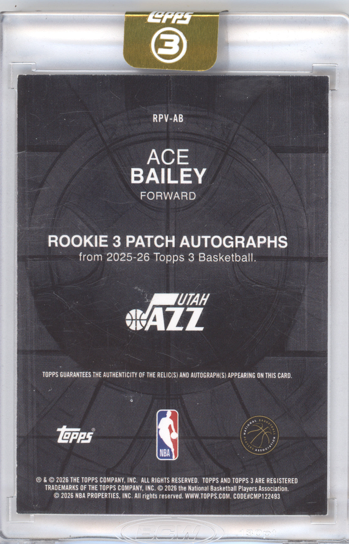 2025 Topps 3 Rookie 3 Patch Autograph Ace Bailey #RPV-AB 04/25 RC