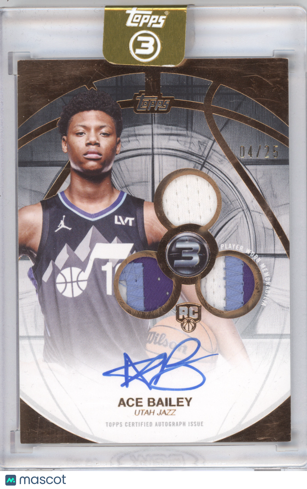 2025 Topps 3 Rookie 3 Patch Autograph Ace Bailey #RPV-AB 04/25 RC
