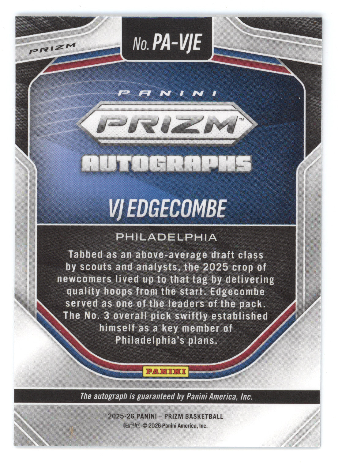 2025 Panini Prizm Autographs VJ Edgecombe #PA-VJE RC