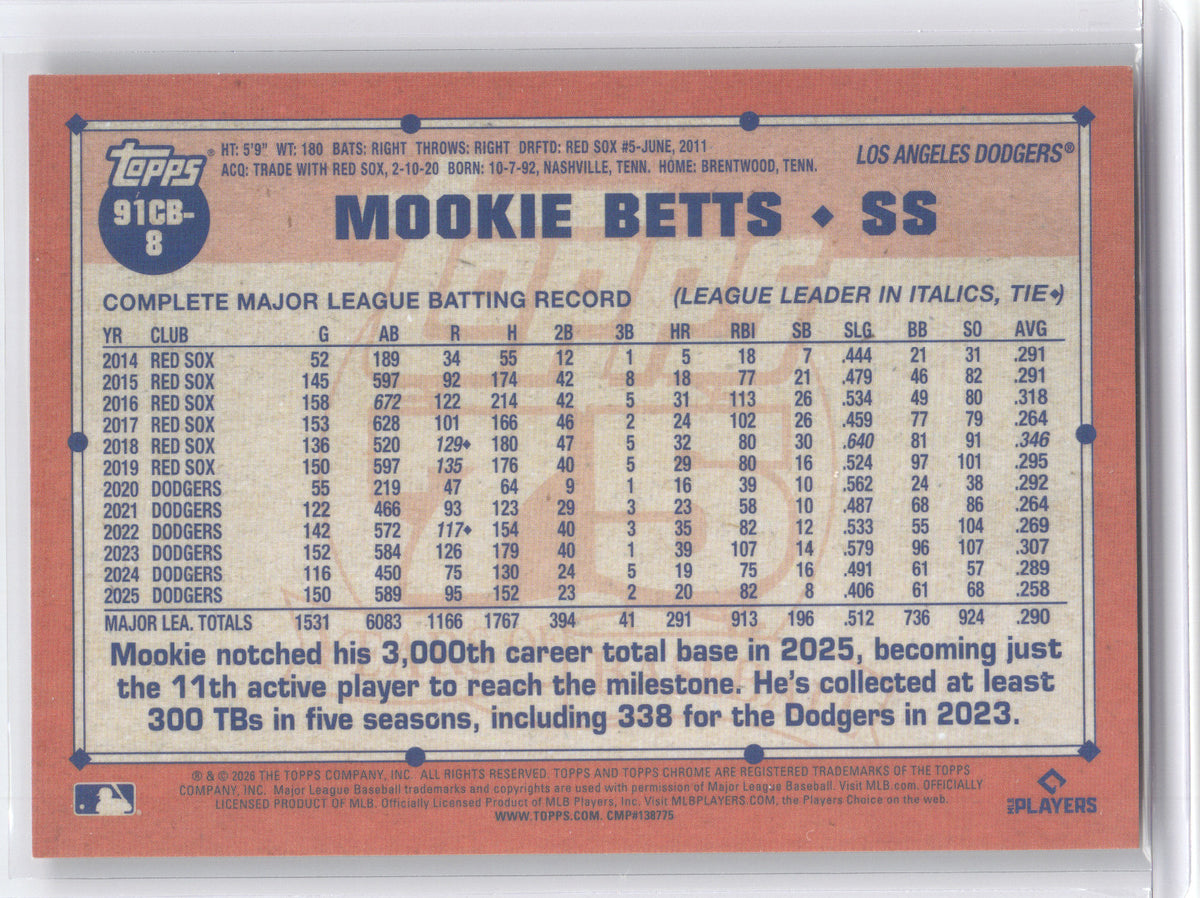 2026 Topps Chrome 1991 Topps Mookie Betts #91CB-8 Orange 18/25