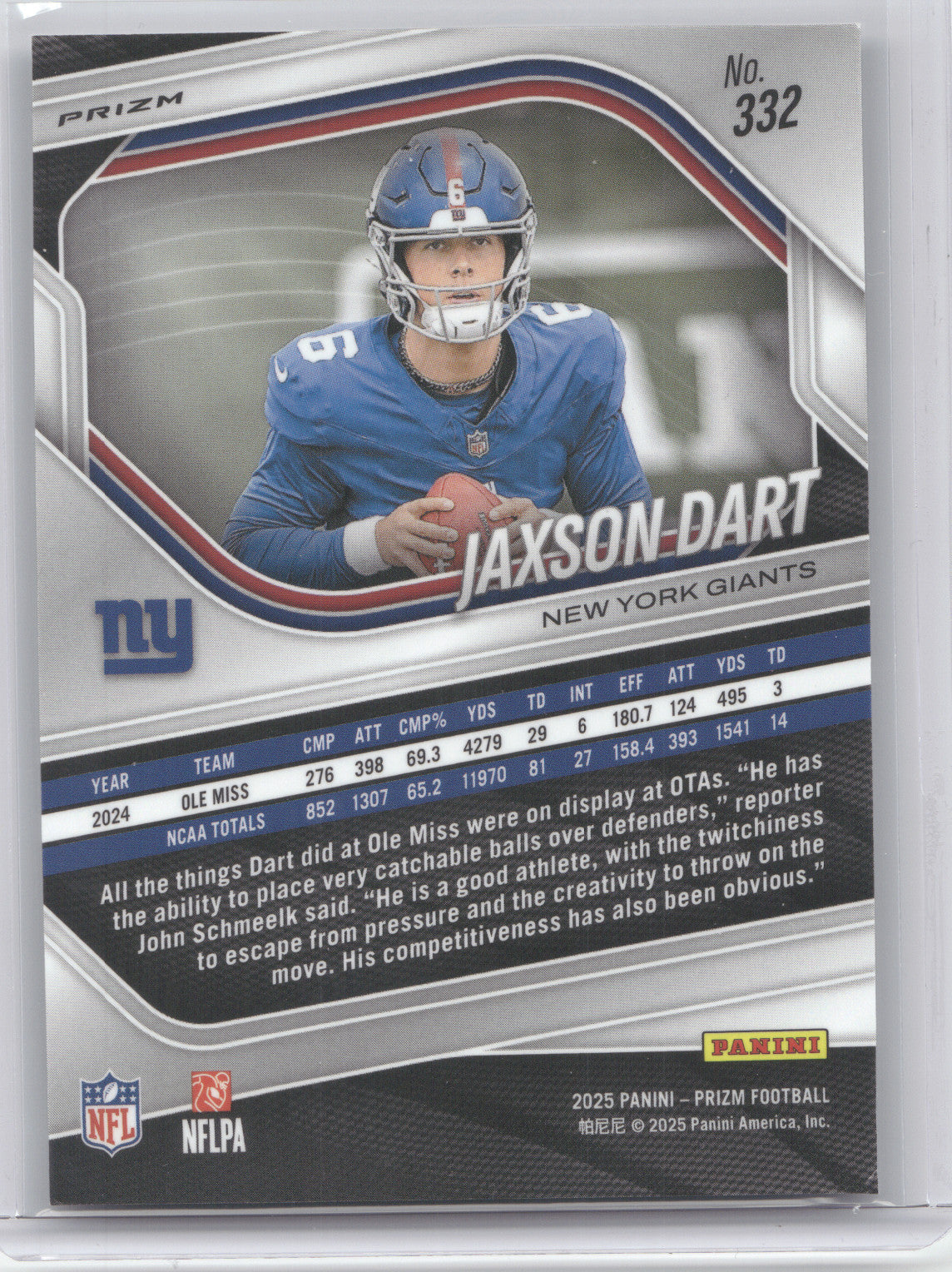 2025 Panini Prizm Football Jaxson Dart #332 Silver RC