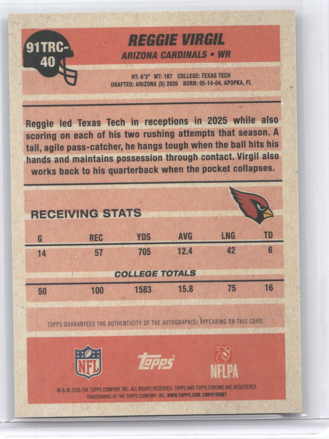 2026 Topps 1991 Rookie Chrome Autograph Reggie Virgil #40 Green Mojo 65/99 RC