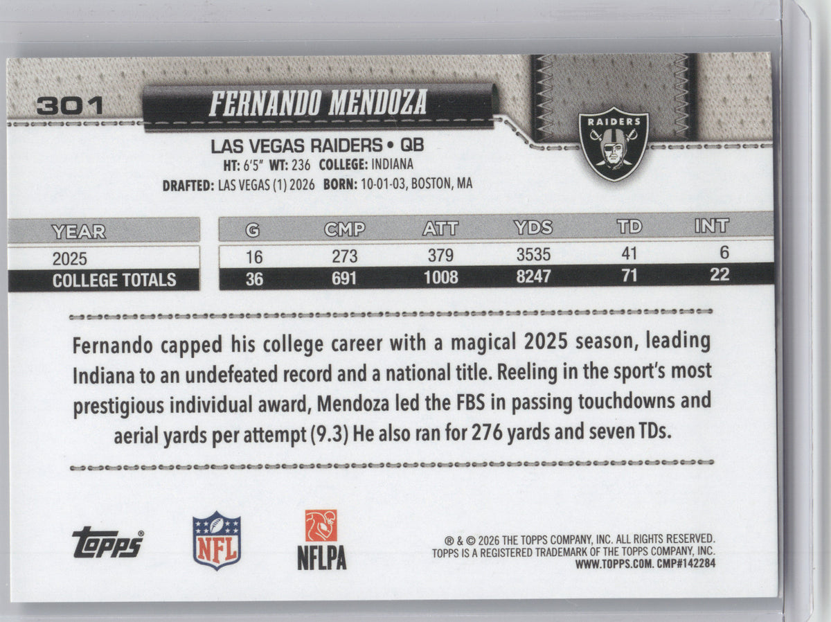 2026 Topps Fernando Mendoza #301 White Blue RC