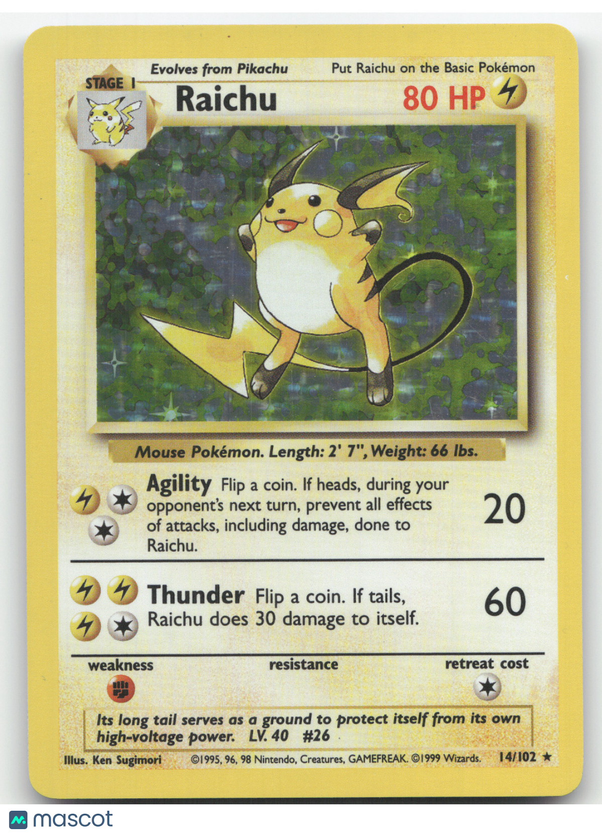 1999 Base Set Raichu Holo Rare #14/102