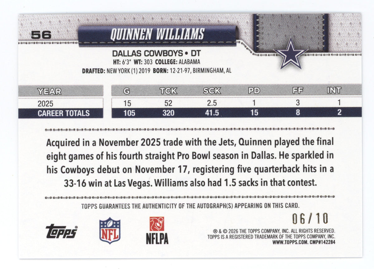 2026 Topps Real One Autograph Quinnen Williams #56 Black 06/10