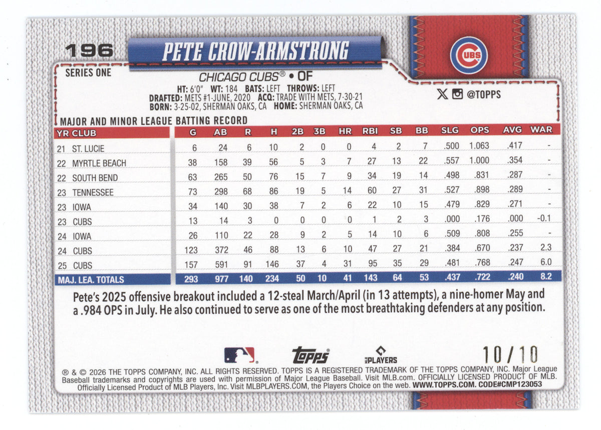 2026 Topps Baseball Pete Crow-Armstrong #196 Spring Training Black 10/10