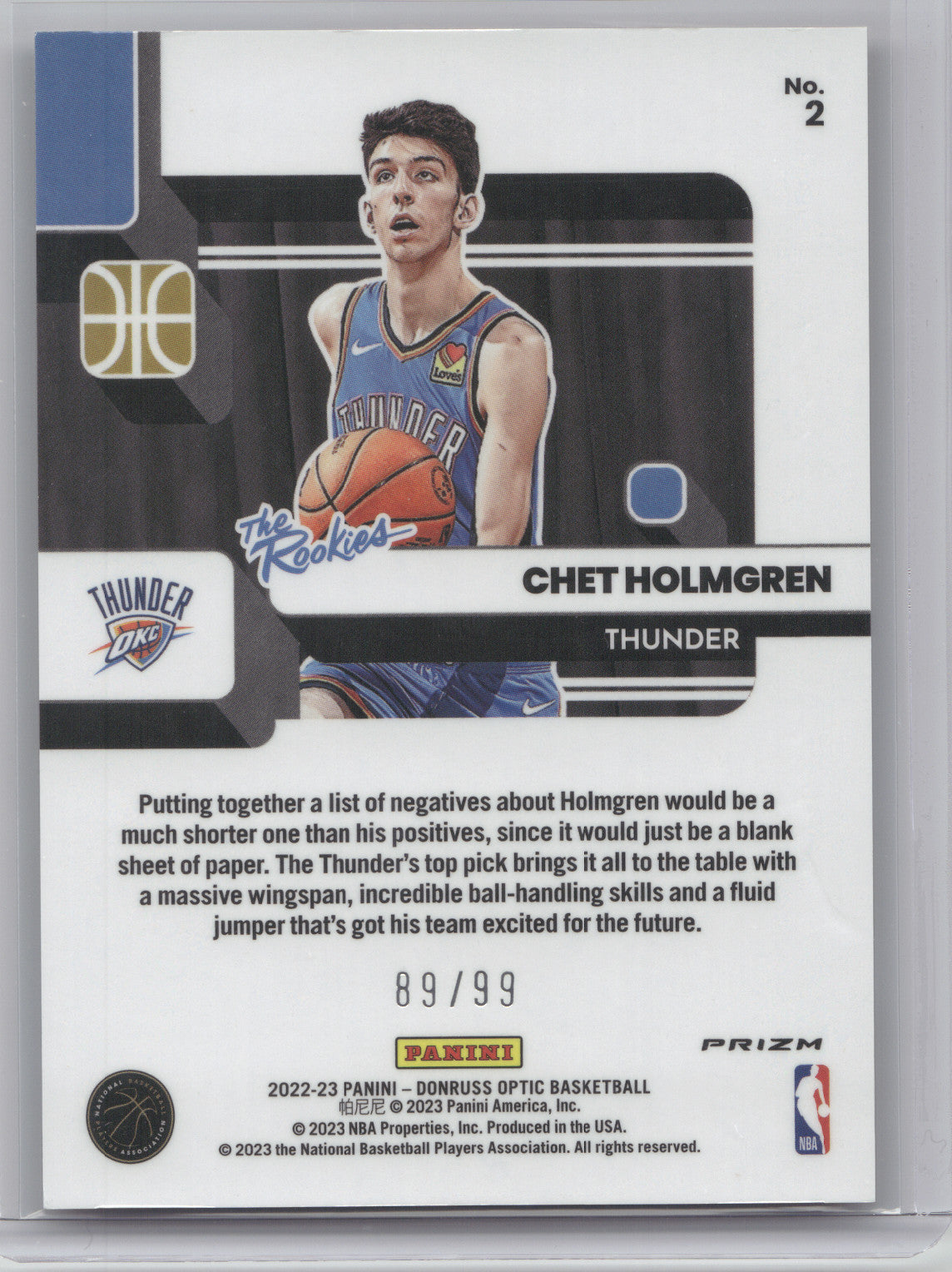 2022 Donruss Optic The Rookies Chet Holmgren #2 Red Blue Prizm 89/99