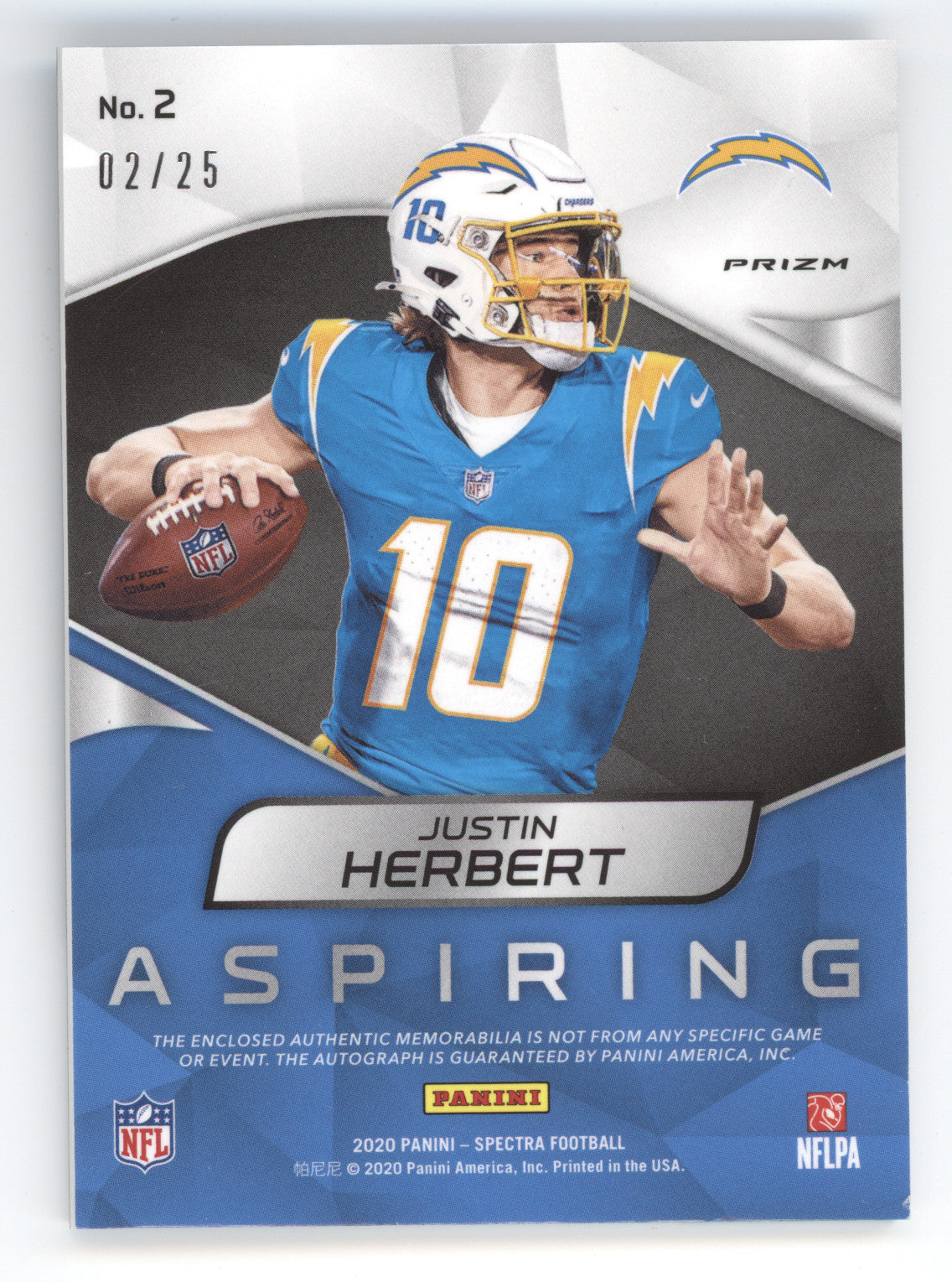 2020 Panini Spectra Aspiring Patch Autograph Justin Herbert #2 Neon Blue 02/25