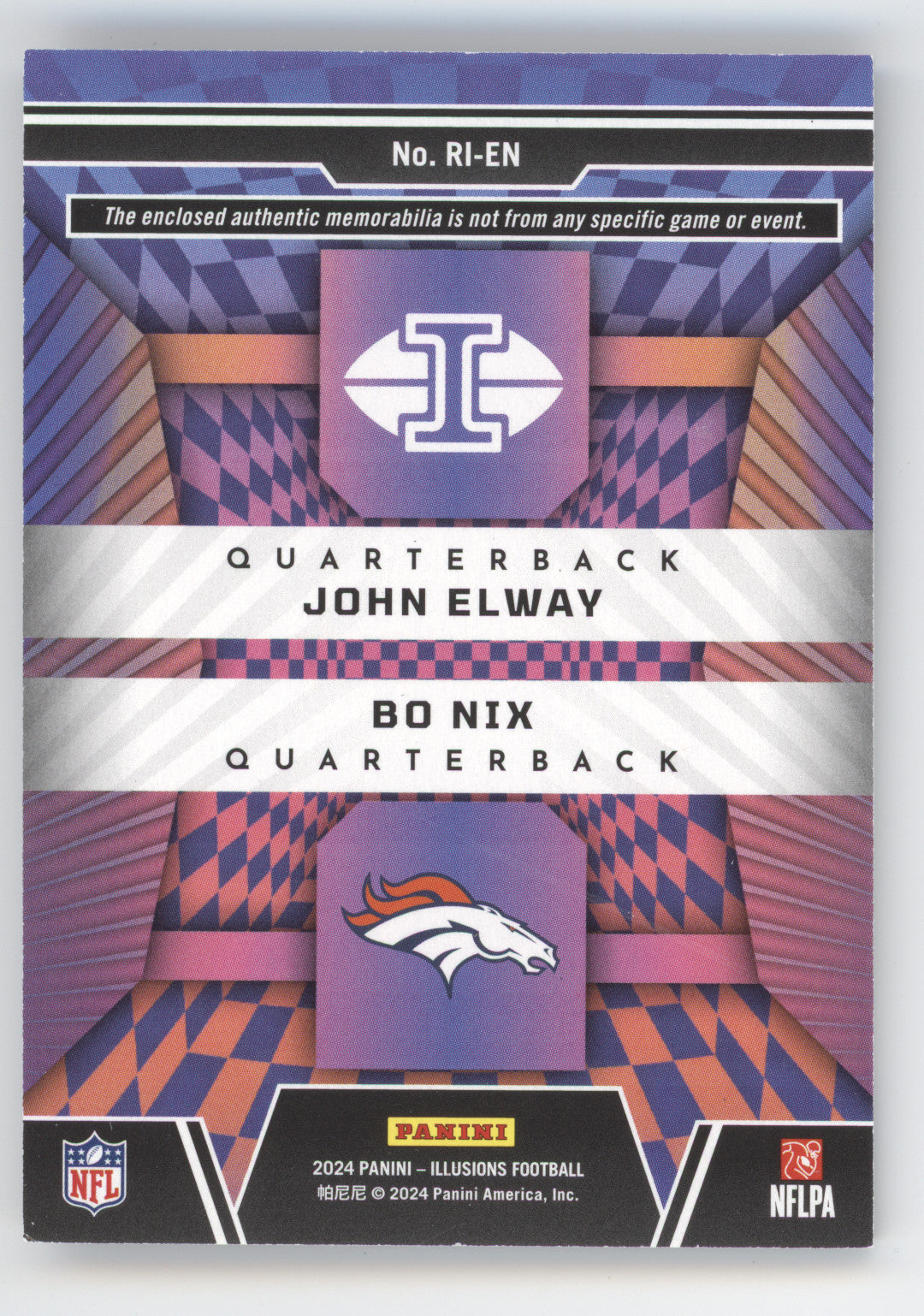 2024 Panini Illusions Rookie Idols Bo Nix John Elway #RIEN Blue 82/99 Dual Patch