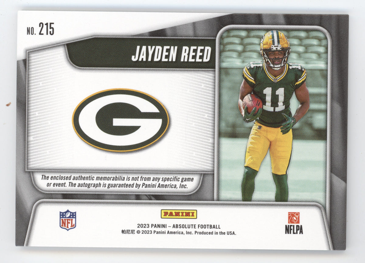 2023 Panini Absolute Jayden Reed #215 Materials Autograph Five 29/99 Patch RC