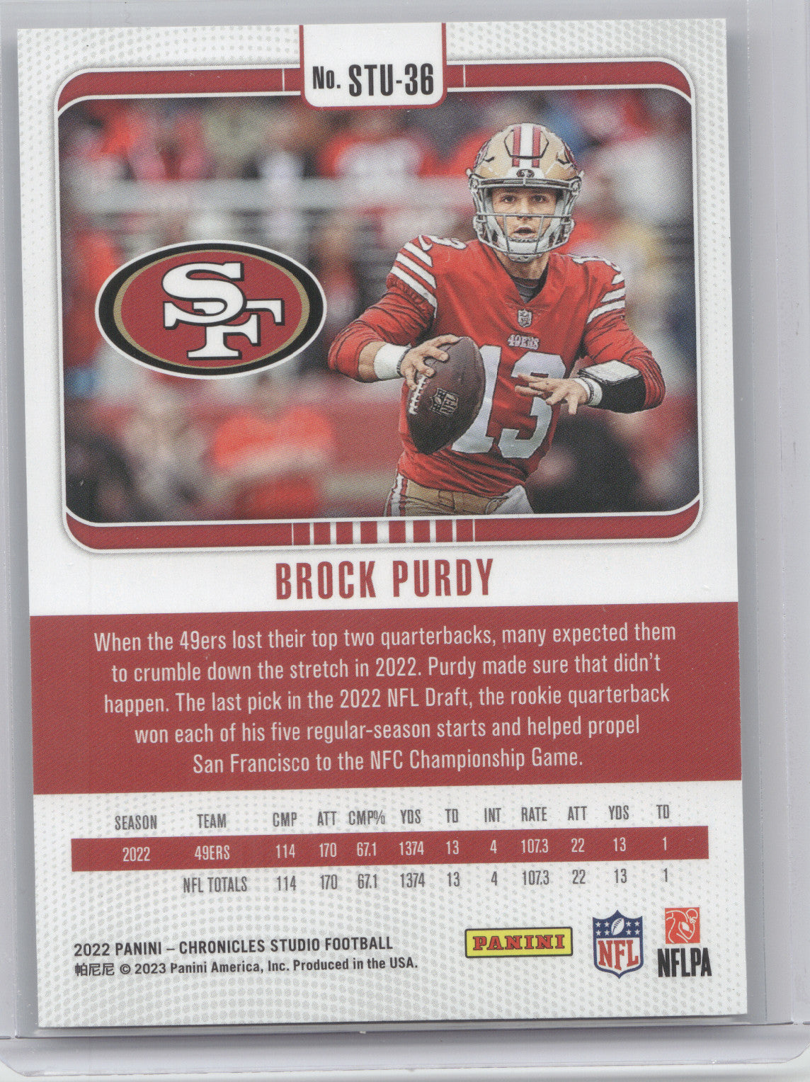 2022 Panini Chronicles Studio Football Brock Purdy #STU-36 Red RC 95/99