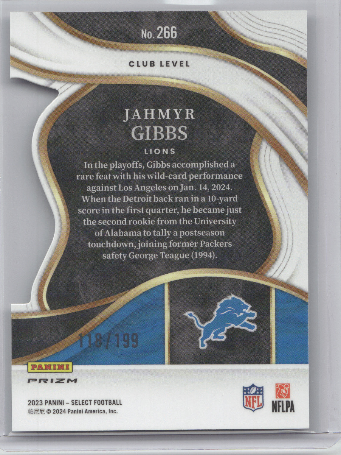 2024 Panini Select Football Jahmyr Gibbs #266 White Prizm Die-Cut 118/199 RC
