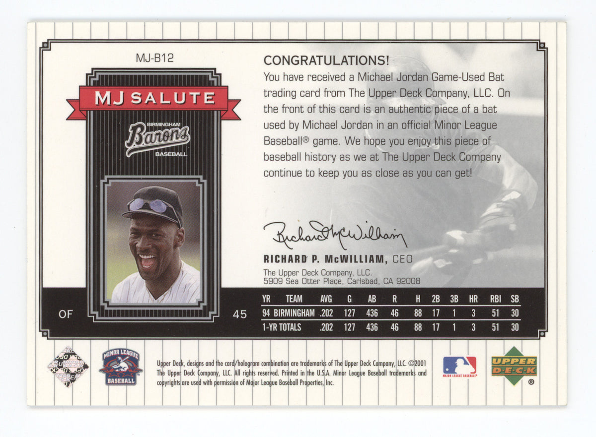2001 Upper Deck MJ Salute Michael Jordan #MJ-B12 Game-Used Bat Memorabilia