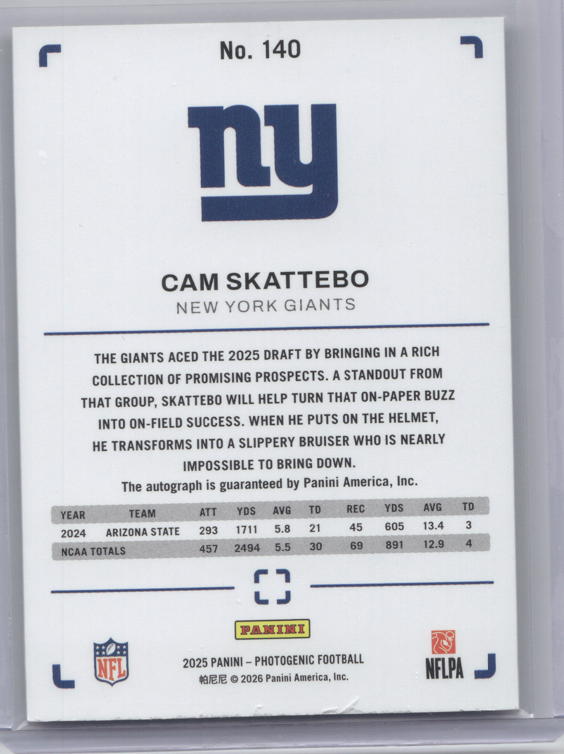2025 Panini Photogenic Autograph Cam Skattebo #140 RC