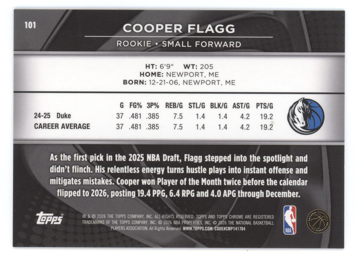 2025 Topps Chrome Black Cooper Flagg #101 Rose Gold Wave Refractor 07/15 RC