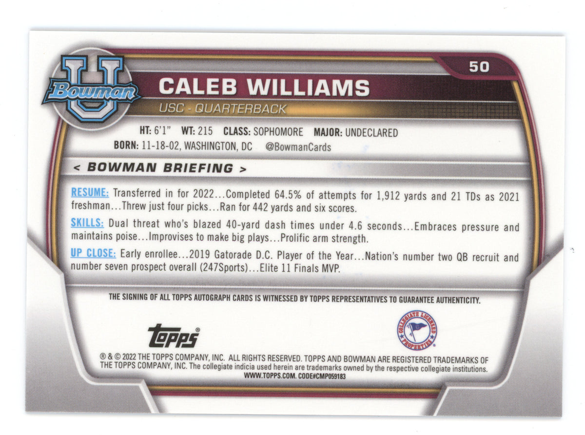 2022 Bowman University Autograph Caleb Williams #50 1st Bowman