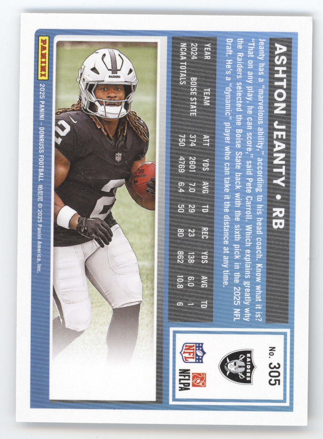 2025 Panini Donruss Rated Rookie Ashton Jeanty #305 Press Proof Black 03/10