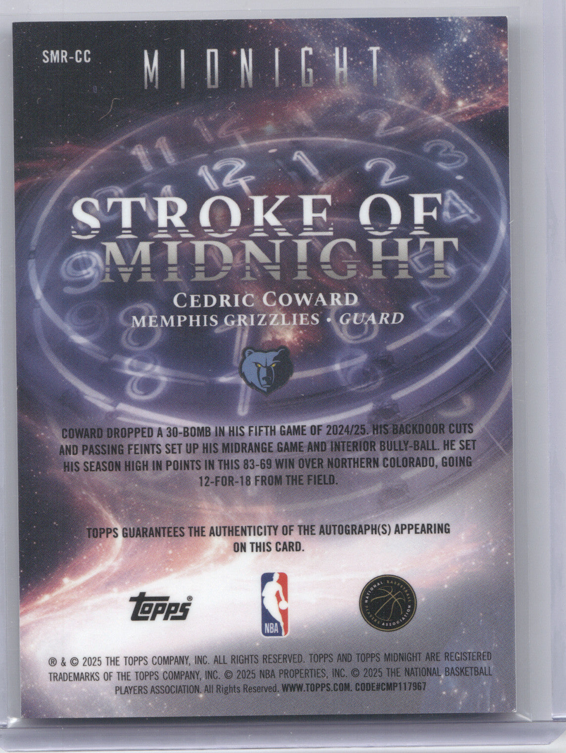 2025 Topps Midnight Signatures Cedric Coward #SMR-CC RC