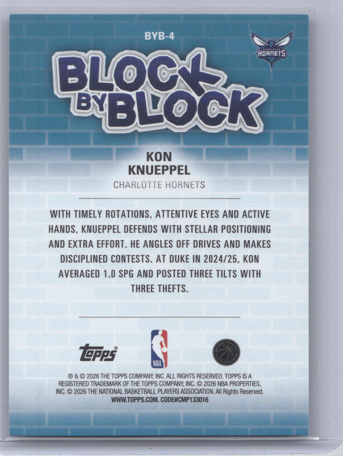 2025 Topps NBA Hoops Block by Block Kon Knueppel #BYB-4 RC