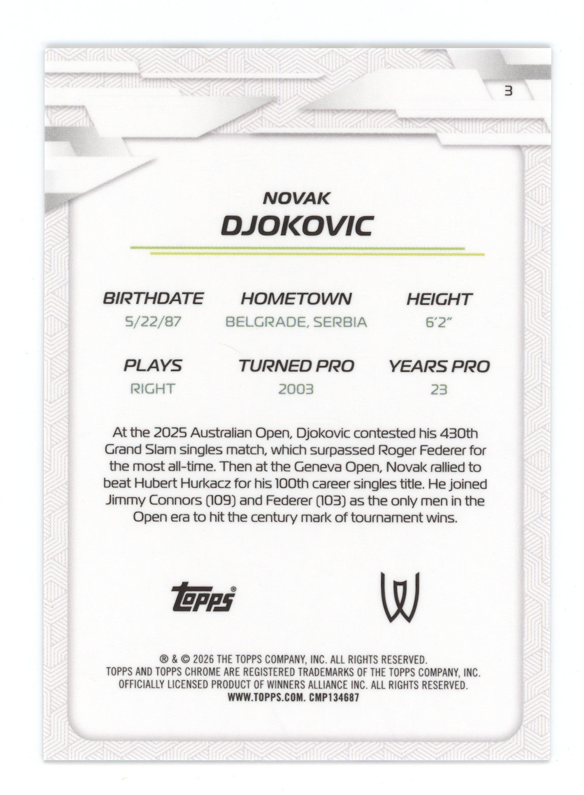 2026 Topps Chrome Tennis Novak Djokovic #3 Black Geometric 05/10