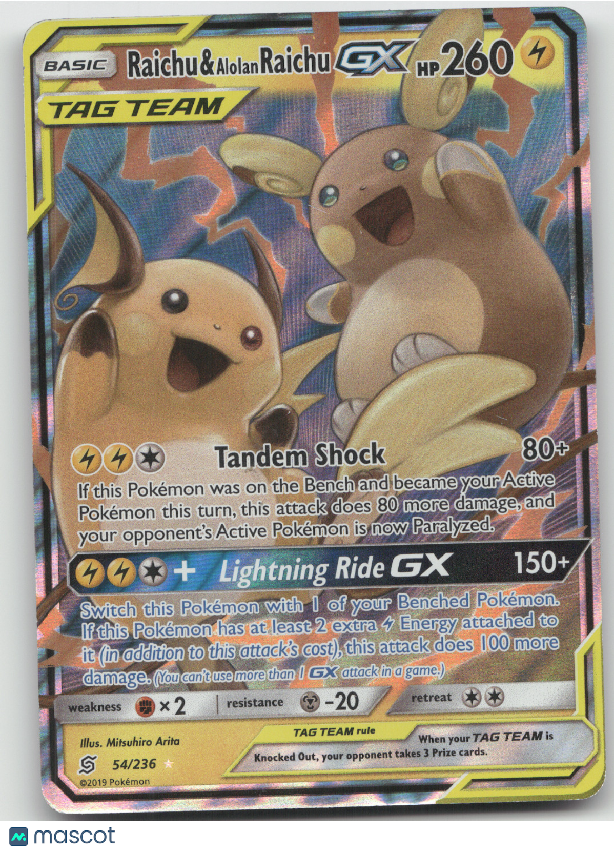 2019 Unified Minds Raichu & Alolan Raichu GX Holo Rare #54/236
